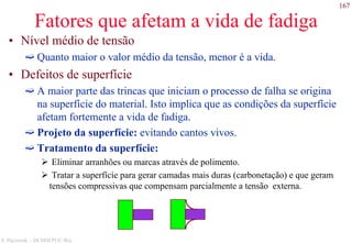167
S. Paciornik – DCMM PUC-Rio
Fatores que afetam a vida de fadiga
• Nível médio de tensão
Quanto maior o valor médio da tensão, menor é a vida.
• Defeitos de superfície
A maior parte das trincas que iniciam o processo de falha se origina
na superfície do material. Isto implica que as condições da superfície
afetam fortemente a vida de fadiga.
Projeto da superfície: evitando cantos vivos.
Tratamento da superfície:
Eliminar arranhões ou marcas através de polimento.
Tratar a superfície para gerar camadas mais duras (carbonetação) e que geram
tensões compressivas que compensam parcialmente a tensão externa.
 