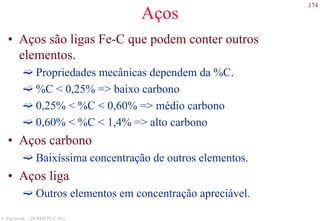 174
S. Paciornik – DCMM PUC-Rio
Aços
• Aços são ligas Fe-C que podem conter outros
elementos.
Propriedades mecânicas dependem da %C.
%C < 0,25% => baixo carbono
0,25% < %C < 0,60% => médio carbono
0,60% < %C < 1,4% => alto carbono
• Aços carbono
Baixíssima concentração de outros elementos.
• Aços liga
Outros elementos em concentração apreciável.
 