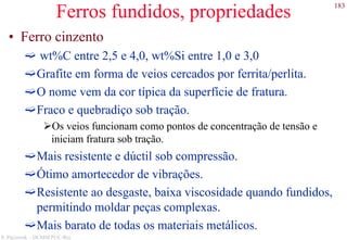 183
S. Paciornik – DCMM PUC-Rio
Ferros fundidos, propriedades
• Ferro cinzento
wt%C entre 2,5 e 4,0, wt%Si entre 1,0 e 3,0
Grafite em forma de veios cercados por ferrita/perlita.
O nome vem da cor típica da superfície de fratura.
Fraco e quebradiço sob tração.
Os veios funcionam como pontos de concentração de tensão e
iniciam fratura sob tração.
Mais resistente e dúctil sob compressão.
Ótimo amortecedor de vibrações.
Resistente ao desgaste, baixa viscosidade quando fundidos,
permitindo moldar peças complexas.
Mais barato de todas os materiais metálicos.
 
