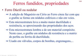 184
S. Paciornik – DCMM PUC-Rio
Ferros fundidos, propriedades
• Ferro Dúctil ou nodular
A adição de Magnésio ou Cério ao Ferro cinza faz com que
o grafite se forme em nódulos esféricos e não em veios.
Esta microestrutura leva a muito maior ductilidade e
resistência, se aproximando das propriedades dos aços.
Esta microestrutura lembra a de um material compósito.
Neste caso, o grafite em nódulos dá resistência e a matriz
de perlita ou ferrita dá ductilidade.
Usado em válvulas, corpos de bombas, engrenagens,...
 