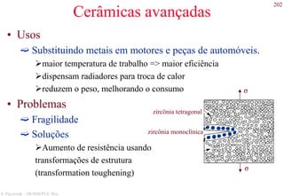202
S. Paciornik – DCMM PUC-Rio
Cerâmicas avançadas
• Usos
Substituindo metais em motores e peças de automóveis.
maior temperatura de trabalho => maior eficiência
dispensam radiadores para troca de calor
reduzem o peso, melhorando o consumo
• Problemas
Fragilidade
Soluções
Aumento de resistência usando
transformações de estrutura
(transformation toughening)
zircônia tetragonal
zircônia monoclínica
σ
σ
 