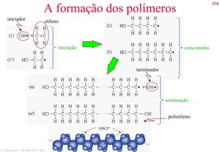 204
S. Paciornik – DCMM PUC-Rio
A formação dos polímeros
crescimentoiniciação
iniciador etileno
terminação
terminador
polietileno
109.5°
 