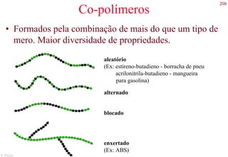 208
S. Paciornik – DCMM PUC-Rio
Co-polímeros
• Formados pela combinação de mais do que um tipo de
mero. Maior diversidade de propriedades.
aleatório
(Ex: estireno-butadieno - borracha de pneu
acrilonitrila-butadieno - mangueira
para gasolina)
alternado
blocado
enxertado
(Ex: ABS)
 