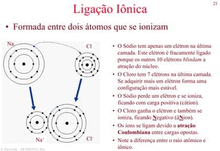 21
S. Paciornik – DCMM PUC-Rio
Ligação Iônica
• Formada entre dois átomos que se ionizam
Na
Cl-
Na+
Cl • O Sódio tem apenas um elétron na última
camada. Este elétron é fracamente ligado
porque os outros 10 elétrons blindam a
atração do núcleo.
• O Cloro tem 7 elétrons na última camada.
Se adquirir mais um elétron forma uma
configuração mais estável.
• O Sódio perde um elétron e se ioniza,
ficando com carga positiva (cátion).
• O Cloro ganha o elétron e também se
ioniza, ficando Negativo (âNion).
• Os íons se ligam devido a atração
Coulombiana entre cargas opostas.
• Note a diferença entre o raio atômico e
iônico.
 