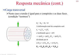 221
S. Paciornik – DCMM PUC-Rio
Resposta mecânica (cont.)
Carga transversal
Neste caso a tensão é igual para o compósito e as duas fases.
(condição “isostress”)
σc = σm = σf = σ
A deformação total do compósito será
εc = εmVm + εfVf
e lembrando que ε = σ/E
=> (σ/Ec) = (σ/Em )Vm + (σ/Ef) Vf
dividindo por σ
(1/Ec) = (1/Em )Vm + (1/Ef) Vf
Ec = EmEf /(VmEf + VfEm)
 