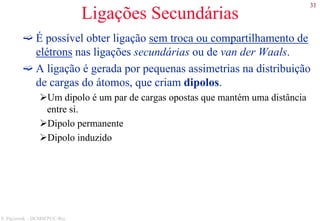 31
S. Paciornik – DCMM PUC-Rio
Ligações Secundárias
É possível obter ligação sem troca ou compartilhamento de
elétrons nas ligações secundárias ou de van der Waals.
A ligação é gerada por pequenas assimetrias na distribuição
de cargas do átomos, que criam dipolos.
Um dipolo é um par de cargas opostas que mantém uma distância
entre si.
Dipolo permanente
Dipolo induzido
 