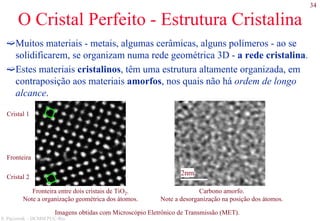 34
S. Paciornik – DCMM PUC-Rio
O Cristal Perfeito - Estrutura Cristalina
Muitos materiais - metais, algumas cerâmicas, alguns polímeros - ao se
solidificarem, se organizam numa rede geométrica 3D - a rede cristalina.
Estes materiais cristalinos, têm uma estrutura altamente organizada, em
contraposição aos materiais amorfos, nos quais não há ordem de longo
alcance.
2nm
Cristal 1
Fronteira
Cristal 2
Fronteira entre dois cristais de TiO2.
Note a organização geométrica dos átomos.
Carbono amorfo.
Note a desorganização na posição dos átomos.
Imagens obtidas com Microscópio Eletrônico de Transmissão (MET).
 