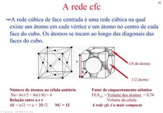 41
S. Paciornik – DCMM PUC-Rio
A rede cfc
A rede cúbica de face centrada é uma rede cúbica na qual
existe um átomo em cada vértice e um átomo no centro de cada
face do cubo. Os átomos se tocam ao longo das diagonais das
faces do cubo.
R
a
1/8 de átomo
1/2 átomo
Número de átomos na célula unitária
Na= 6x1/2 + 8x(1/8) = 4
Relação entre a e r
4R = a√2 => a = 2R√2 NC = 12
Fator de empacotamento atômico
FEAcfc = Volume dos átomos = 0,74
Volume da célula
A rede cfc é a mais compacta
 