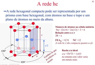 42
S. Paciornik – DCMM PUC-Rio
A rede hc
A rede hexagonal compacta pode ser representada por um
prisma com base hexagonal, com átomos na base e topo e um
plano de átomos no meio da altura.
a
c
c/2
Lembre-se que
as esferas se
tocam
Número de átomos na célula unitária
Na= 12x1/6 + 2x(1/2) + 3 = 6
Relação entre a e r
2R = a
FEAhc = 0,74 NC =12
A rede hc é tão compacta quanto a cfc
Razão c/a ideal
c/a =√8/√3 = 1,633
no entanto este valor varia
em metais reais
 