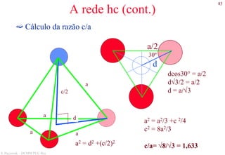 43
S. Paciornik – DCMM PUC-Rio
A rede hc (cont.)
Cálculo da razão c/a
a2 = d2 +(c/2)2
a/2
d
30º
dcos30° = a/2
d√3/2 = a/2
d = a/√3c/2
a
aa
a d
a2 = a2/3 +c 2/4
c2 = 8a2/3
c/a= √8/√3 = 1,633
 