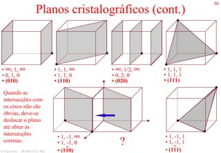 50
S. Paciornik – DCMM PUC-Rio
Planos cristalográficos (cont.)
• 1, 1, 1
• 1, 1, 1
• (111)
• ∞, 1/2, ∞
• 0, 2, 0
• (020)
• 1, 1, ∞
• 1, 1, 0
• (110)
• 1, -1, ∞
• 1, -1, 0
• (110)
?
• ∞, 1, ∞
• 0, 1, 0
• (010)
Quando as
intersecções com
os eixos não são
óbvias, deve-se
deslocar o plano
até obter as
intersecções
corretas.
• 1, -1, 1
• 1, -1, 1
• (111)
 
