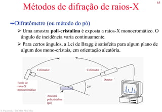 65
S. Paciornik – DCMM PUC-Rio
Métodos de difração de raios-X
Difratômetro (ou método do pó)
Uma amostra poli-cristalina é exposta a raios-X monocromático. O
ângulo de incidência varia continuamente.
Para certos ângulos, a Lei de Bragg é satisfeita para algum plano de
algum dos mono-cristais, em orientação aleatória.
Amostra
policristalina
(pó)
Fonte de
raios-X
monocromático
Colimador Colimador
Detetor
 