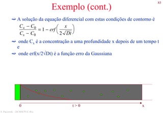 83
S. Paciornik – DCMM PUC-Rio
Exemplo (cont.)
A solução da equação diferencial com estas condições de contorno é
onde Cx é a concentração a uma profundidade x depois de um tempo t
e
onde erf(x/2√Dt) é a função erro da Gaussiana
Cx − C0
Cs − C0
= 1 − erf
x
2 Dt




x0 t > 0
 