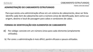 CABEAMENTO ESTRUTURADO
ADMINISTRAÇÃO DO CABEAMENTO ESTRUTURADO
Para que exista uma administração eficaz em um sistema de cabeamento, deve ser feita
identific cada item do cabeamento com o número único de identificação, bem como sua
origem, destino e local de passagem para cabos e condutores de cabos.
FORMAS DE IDENTIFICAÇÃO DOS ELEMENTOS DE CABEAMENTO
a) Por código: consiste em um número único para cada elemento (amplamente
utilizado);
b) Por cores: a administração é mais difícil, porém eficazes e pouco utilizadas.
 