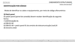 CABEAMENTO ESTRUTURADO
IDENTIFICAÇÃO POR CÓDIGO
Modo de identificar os cabos e equipamentos, por meio de código alfanumérico:
3) Patch panel
Os patch panel (painel de conexão) devem receber identificação da seguinte
forma:
7 CERTIFICAÇÃO 95
a) 03B-01-XX
b) 03B-01-XX = patch panel 01 do armário de telecomunicação (rack) B
do terceiro andar
 