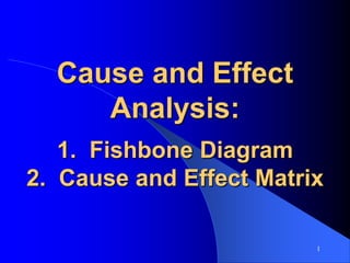 1
Cause and Effect
Analysis:
1. Fishbone Diagram
2. Cause and Effect Matrix
 