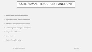 CORE HUMAN RESOURCES FUNCTIONS
• Strategic HumanResources Management
• Employeerecruitment, selection and retention
• Performance management and measurement
• Talentmanagement, trainingand development
• Compensation and Rewards
• Labour relations
• Health and workplace safety
 