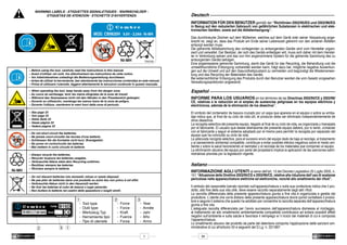!
▲

WARNING LABELS - ETIQUETTES SIGNALETIQUES - WARNSCHILDER ETIQUETAS DE ATENCION - ETICHETTE D'AVVERTENZA

INFORMATION FÜR DEN BENUTZER gemäß der “Richtlinien 2002/95/EG und 2002/96/EG

MOD. CB9620H 9,6V - 2,0Ah Ni-MH

Ni-MH

TG0702

TG.0704

– Before using the tool, carefully read the instructions in this manual.
– Avant d'utiliser cet outil, lire attentivement les instructions de cette notice.
– Vor Inbetriebnahme unbedingt die Bedienungsanleitung durchlesen.
– Antes de utilizar la herramienta, leer atentamente las instrucciones contenidas en este manual.
– Prima di utilizzare l'utensile, leggere attentamente le istruzioni contenute in questo manuale.

in Bezug auf den reduzierten Gebrauch von gefährlichen Substanzen in elektrischen und elektronischen Geräten, sowie auf die Abfallentsorgung”.

Das durchkreuzte Zeichen auf dem Mülleimer, welches auf dem Gerät oder seiner Verpackung angebracht ist, zeigt an, dass das Produkt am Ende seiner Lebenszeit getrennt von den anderen Abfällen
entsorgt werden muss.
Die getrennte Abfallsammlung des vorliegenden zu entsorgenden Geräts wird vom Hersteller organisiert und verwaltet. Der Besitzer, der sich des Geräts entledigen will, muss sich daher mit dem Hersteller in Verbindung setzen und das von ihm angenommene System für die getrennte Sammlung des zu
entsorgenden Geräts befolgen.
Eine angemessene getrennte Sammlung, damit das Gerät für das Recycling, die Behandlung und die
umweltfreundliche Entsorgung vorbereitet werden kann, trägt dazu bei, mögliche negative Auswirkungen auf die Umwelt und auf den Gesundheitszustand zu vermeiden und begünstigt die Wiederverwertung und das Recycling der Materialien des Geräts.
Bei widerrechtlicher Entsorgung des Produkts durch den Benutzer werden die vom Gesetz vorgesehen
Verwaltungssanktionen angewandt.

Español ----------------------------------------------------------------------------------------------------------------------

TG.0704

–	 When operating the tool, keep hands away from the danger zone.
– Au cours du sertissage, tenir les mains éloignées de la zone de travail.
– Während des Verpressens nicht mit den Händen in den Pressbereich gelangen.
– Durante su utilización, mantenga las manos fuera de la zona de peligro.
– Durante l'utilizzo, mantenere le mani fuori dalla zona di pericolo.

INFORME PARA LOS USUARIOS en los términos de las Directivas 2002/95/CE y 2002/96/
CE, relativas a la reducción en el empleo de sustancias peligrosas en los equipos eléctricos y
electrónicos, además de la eliminación de los desechos”.

–	 See page 33
–	 Voir page 33
–	 Siehe Seite 33
–	 Vease página 33
–	 Vedere pagina 33

TG.0704

El símbolo del contenedor de basura cruzado por un aspa que aparece en el equipo o sobre su embalaje indica que, al final de su ciclo de vida útil, el producto debe ser eliminado independientemente de
otros desechos.
La recogida selectiva del presente equipo, llegado al final de su ciclo de vida, es organizada y manejada
por el fabricante. El usuario que desee deshacerse del presente equipo deberá, por lo tanto, contactar
con el fabricante y seguir el sistema adoptado por el mismo para permitir la recogida por separado del
equipo que ha concluido su ciclo de vida.
La adecuada recogida selectiva, para el sucesivo envío del equipo dado de baja al reciclaje, al tratamiento
y al saneamiento ambiental compatible, contribuye a evitar posibles efectos negativos sobre el medio ambiente y sobre la salud favoreciendo el reempleo y el reciclaje de los materiales que componen el equipo.
La eliminación abusiva del equipo por parte del propietario implica la aplicación de las sanciones administrativas prevista por la legislación vigente.

MOD. CB9620H 9,6V - 2,0Ah Ni-MH

– Do not short circuit the batteries.
– Ne jamais court-circuiter les bornes d'une batterie.
– Schliessen Sie die Kontakte nicht kurz. Brandgefahr.
– No poner en cortocircuito las baterías.
– Mai
Ni-MH mettere in corto circuito le batterie.
TG0702

Ni-MH

Deutsch ---------------------------------------------------------------------------------------------------------------------

– Always recycle the batteries.
– Recycler toujours les batteries usagées.
–	 Verbrauchte Akkus stets dem Recycling zuführen.
– Reutilizar siempre las baterías.
–	 Riciclare sempre le batterie.

Italiano ------------------------------------------------------------------------------------------------------------------------

TG.0783

INFORMAZIONE AGLI UTENTI ai sensi dell’art. 13 del Decreto Legislativo 25 Luglio 2005, n.
151 “Attuazione delle Direttive 2002/95/CE e 2002/96/CE, relative alla riduzione dell’uso di sostanze
pericolose nelle apparecchiature elettriche ed elettroniche, nonché allo smaltimento dei rifiuti”.

dimensione 52x13 mm

Il simbolo del cassonetto barrato riportato sull’apparecchiatura o sulla sua confezione indica che il prodotto, alla fine della sua vita utile, deve essere raccolto separatamente dagli altri rifiuti.
La raccolta differenziata della presente apparecchiatura giunta a fine vita è organizzata e gestita dal
produttore. L’utente che vorrà disfarsi della presente apparecchiatura dovrà quindi contattare il produttore e seguire il sistema che questo ha adottato per consentire la raccolta separata dell’apparecchiatura
giunta a fine vita.
L’adeguata raccolta differenziata per l’avvio successivo dell’apparecchiatura dismessa al riciclaggio,
al trattamento ed allo smaltimento ambientalmente compatibile contribuisce ad evitare possibili effetti
negativi sull’ambiente e sulla salute e favorisce il reimpiego e/ il riciclo dei materiali di cui è composta
l’apparecchiatura.
Lo smaltimento abusivo del prodotto da parte del detentore comporta l’applicazione delle sanzioni amministrative di cui all'articolo 50 e seguenti del D.Lg. n. 22/1997.

–	 Do not discard batteries into domestic refuse or waste disposal.
– Ne pas jeter de batteries dans une poubelle ou autre lieu non prévu à cet effet.
– Verbrauchte Akkus nicht in den Hausmüll werfen.
– No tirar las baterias al cubo de basura o lugar parecido.
– Non buttare le batterie nei cestini della spazzatura o luoghi simili.

1
-	 Tool type
-	 Outil type
-	 Werkzeug Typ
-	 Herramienta tipo
-	 Tipo di utensile
2

3

2

-	 Force
-	 Force
-	 Kraft
-	 Fuerza
-	 Forza

3

-	 Year
-	 Année
-	 Jahr
-	 Año
-	 Anno

1
1

34

 