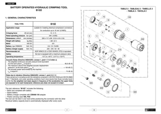 ENGLISH

BATTERY OPERATED HYDRAULIC CRIMPING TOOL
B15D
1. 	GENERAL CHARACTERISTICS
TOOL TYPE:
Application range:
Crimping force 	

69
suitable for installing electrical compression connectors
68

Rated operating pressure 	 bar (psi):
Dimensions LxWxH 	

Weight with battery 	
Motor 	

Battery type CB9620H	

78

340 (4,900)

320 x 117 x 66 (12.6 x 4.6 x 2.6)

67 Volt DC:

1
9
8

11

9.6

Recommended oil:

Operating temperature:

600

for conductors up to 16 mm2 (6 AWG)

mm (inches):

Battery charger supply 	
Safety:

19

10

18

15 (1.7)

100
18

31

B15D

kN (sh ton):

19

26

8 Nm (5.9 lbf ft)
54

4

24

TIGHTENING TORQUE
COUPLE DE SERRAGE
DREHMOMENT
PAR DE TORSION
COPPIA DI SERRAGGIO

TABLE 2 - TABLEAU 2 - TABELLE 2
- TABLA 2 - TAVOLA 2

kg (lbs):

Volt / Ah:

16

Volt / Hz:

27

67 1,68 (3.7)
72

9.6 / 2.0 Ni-MH
64

75

66

350
-15°C to +40°C (+5°F to +104°F)
360

7

17

220 - 240 / 50 - 60
AGIP ARNICA 22 or ESSO INVAROL EP22 or equivalent.

65
the tool is equipped with a maximum pressure valve.

250

30

310

6

16

9

62
Acoustic Noise (Directive 2006/42/EC, annexe 1, point 1.7.4.2 letter u)
–	 The weighted continuous acoustic pressure level equivalent
71
to...............................................................................66,8 dB (A)
	 A at the work place LpA is equal 58
70
–	 The maximum value of the weighted acoustic displacement
63
50
	 pressure C at the work place LpCPeak is.......................................................................< 130 dB (C)
5
–	 The acoustic power level emitted by the machine
	LWA is equal to.................................................................................................................75 dB (A)
63

77

4

20

11

15

220
17
57

36

Risks due to vibration (Directive 2006/42/EC, annexe64 point 2.2.1.1)
1,
45
Tests carried out in compliance with the indications contained in UNI ENV 25349 and UNI EN 28662
3
part 1st Standards, and under operating conditions much more severe than those normally found,
6
61
certify that the weighted root mean square in frequency of the acceleration the upper limbs
37
65
are exposed to for each biodynamic reference axis does not exceed 2.5 m/sec2.

32

210

8

21

500
400

62
41
The part reference “B15D” includes the following:
–	 Basic tool complete with battery
–	 Spare battery
6
–	 Battery charger complete with CBA96-144 adapter
7
33
–	 Plastic carrying case VAL P22
The tool can be held in one hand while positioning the connector with the other.
42
Residual battery capacity level is automatically displayed after every cycle.

15

3

32

300

 