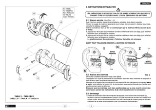 FRANÇAIS

2.	INSTRUCTIONS D'UTILISATION

m

16
LES OPÉRATIONS D’INTRODUCTION OU DE REMPLACEMENT DES MATRICES
DOIVENT ÊTRE EFFECTUÉES AVEC L’OUTIL DÉPOURVU DE BATTERIE

15

10

1
3

2.1)	Mise en service (Voir Fig. 1, 2)
Avec l’outil en position repos et sans batterie, procéder de la façon suivante:
Choisir le couple de matrices approprié pour le type de connexion à réaliser; pour cela,
consulter la tableau à page 23.
Insérer les matrices dans la tête en commençant par la matrice inférieure (celle avec
la fente):
1	 Appuyer sur le bouton (62) et insérer la matrice inférieure dans son siège, puis relâcher
9
	 le bouton pour la bloquer en position.
2	 Appuyer sur le bouton (65) et insérer la matrice supérieure dans son siège, puis relâcher
	 le bouton pour la bloquer en position.
	 Le positionnement des matrices à l'intérieur de la tête est univoque.

8

AVANT TOUT TOUJOURS INSERER LA MATRICE INFÉRIEURE

65

1

5
6

2

trou

MATRICE
INFERIEURE

13
MATRICE
SUPERIEURE

7

fente

62

2

2.2)	Avance des matrices

12

XXXXXX

17

FIG. 2
Introduire la batterie dans son siège (Voir § 2.8)
11
Empoigner fort l'outil et positionner le connecteur entre les deux matrices en alignant la
zone à sertir avec l'empreinte des matrices.
Appuyer sur le bouton de commande (3) pour approcher les matrices du connecteur sans
le sertir, puis relâcher le bouton (3): le connecteur restera ainsi bloqué pour faciliter son
45
positionnement sans le déformer.
S'assurer que les 4
matrices sont bien positionnées sur la zone à sertir, sinon desserer les en suivant les instructions du § 2.4 et repositionner le connecteur.

2.3)	Sertissage

–	 Insérer le conducteur dans le connecteur et appuyer sur le bouton de commande (3): 	
	 le piston avance progressivement jusqu'à ce que les matrices arrivent en butée l'une
	 contre l'autre. Nous recommandons en tout cas d'actionner le moteur jusqu'au dé clen	 chement de la valve de surpression que l'on entendra distinctement.

TABLE 1 - TABLEAU 1
TABELLE 1 - TABLA 1 - TAVOLA 1

27

8

 