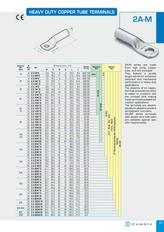 33
HEAVY DUTY COPPER TUBE TERMINALS
2A-M series are made
from high purity copper
tube, and are annealed.
They feature a double
length barrel for enhanced
electrical and mechanical
performance in heavy duty
applications.
The absence of an inspec-
tion hole prevents the entry
of water or moisture into
the crimped joint making
these terminals suitable for
outdoor applications.
The terminals are electro-
lytically tin plated to prevent
atmospheric corrosion.
2A-2M series terminals
with double stud hole palm
are available against spe-
cific requirements.
Hydraulic
Tools
8 2 A 3-M 8 5,8 15,0 9 8 43,5 8,4
10 2 A 3-M10 5,8 18,0 11 10 47,5 10,5
8 2 A 5-M 8 7,0 15,0 9 8 51,0 8,4
10 2 A 5-M 10 7,0 18,0 11 10 55,0 10,5
12 2 A 5-M 12 7,0 21,0 14 12 60,0 13,2
8 2 A 7-M 8 8,9 17,0 9 8 53,0 8,4
10 2 A 7-M 10 8,9 19,0 11 10 57,0 10,5
12 2 A 7-M 12 8,9 21,0 14 12 62,0 13,2
10 2 A 10-M 10 10,0 20,0 11 10 63,0 10,5
12 2 A 10-M 12 10,0 21,0 14 12 68,0 13,2
14 2 A 10-M 14 10,0 25,0 16 14 72,0 15,0
16 2 A 10-M 16 10,0 26,0 18 16 76,0 17,0
10 2 A 14-M 10 11,3 21,0 11 10 70,0 10,5
12 2 A 14-M 12 11,3 22,0 14 12 75,0 13,2
14 2 A 14-M 14 11,3 25,0 16 14 79,0 15,0
16 2 A 14-M 16 11,3 26,0 18 16 83,0 17,0
10 2 A 19-M 10 13,5 25,0 11 10 76,5 10,5
12 2 A 19-M 12 13,5 25,0 14 12 81,5 13,2
14 2 A 19-M 14 13,5 25,0 16 14 85,5 15,0
16 2 A 19-M 16 13,5 27,0 18 16 90,5 17,0
20 2 A 19-M 20 13,5 29,5 22 20 97,5 21,0
10 2 A 24-M 10 15,2 28,5 11 10 82,0 10,5
12 2 A 24-M 12 15,2 28,5 14 12 87,0 13,2
14 2 A 24-M 14 15,2 28,5 16 14 91,0 15,0
16 2 A 24-M 16 15,2 28,5 18 16 95,0 17,0
20 2 A 24-M 20 15,2 30,0 22 20 103,0 21,0
10 2 A 30-M 10 16,7 31,5 13 11 92,0 10,5
12 2 A 30-M 12 16,7 31,5 16 14 98,0 13,2
14 2 A 30-M 14 16,7 31,5 18 16 102,0 15,0
16 2 A 30-M 16 16,7 31,5 19 17 104,0 17,0
20 2 A 30-M 20 16,7 31,5 22 20 110,0 21,0
12 2 A 37-M 12 19,2 35,5 16 14 108,0 13,2
14 2 A 37-M 14 19,2 35,5 18 16 112,0 15,0
16 2 A 37-M 16 19,2 35,5 19 17 114,0 17,0
20 2 A 37-M 20 19,2 35,5 22 20 120,0 21,0
12 2 A 48-M 12 21,1 39,0 16 14 109,0 13,2
14 2 A 48-M 14 21,1 39,0 18 16 113,0 15,0
16 2 A 48-M 16 21,1 39,0 19 17 115,0 17,0
20 2 A 48-M 20 21,1 39,0 22 20 121,0 21,0
12 2 A 60-M 12 23,7 44,0 20 14 129,5 13,2
14 2 A 60-M 14 23,7 44,0 22 16 133,5 15,0
16 2 A 60-M 16 23,7 44,0 22 19 136,5 17,0
20 2 A 60-M 20 23,7 44,0 24 23 142,5 21,0
12 2 A 80-M 12 27,0 51,0 22 19 140,0 13,2
14 2 A 80-M 14 27,0 51,0 22 19 140,0 15,0
16 2 A 80-M 16 27,0 51,0 22 19 140,0 17,0
20 2 A 80-M 20 27,0 51,0 24 23 146,0 21,0
16 2 A 100-M 16 30,3 56,5 22 19 147,0 17,0
20 2 A 100-M 20 30,3 56,5 24 23 153,0 21,0
16 2 A 120-M 16 33,4 61,5 22 19 159,0 17,0
20 2 A 120-M 20 33,4 61,5 24 23 165,0 21,0
20 2 A 160-M 20 38,0 72,0 24 23 187,0 21,0
20 2 A 200-M 20 44,0 80,0 24 23 202,0 21,0
600/100
500/100
400/100
300/50
300/50
250/50
250/50
250/50
200/50
150/50
150/50
150/50
100/50
100/50
100/50
100/50
75/25
75/25
75/25
75/25
75/25
50/25
50/25
50/25
50/25
50/25
50/25
30/15
30/15
30/15
30/15
30/15
30/15
30/15
30/15
20/5
20/5
20/5
25/5
20/5
20/5
20/5
20/5
15/5
10/5
10/5
15/5
10/5
10/5
20/5
20/5
12/3
6/2
Conductor
Size
sqmm
Ø
Stud
mm
Quantity
Box/Bag
Mechanical
Tools
Øi B M N L d
D i m e n s i o n s m m
Ref.
16
25
35
50
63
70
95
120
125
150
185
240
300
400
500
600÷630
800
1000
HT45-E
HT51RH50B51B55
HT81-URHU81
HT120andtoolsandheadswith130kNcrimpingforce
ECW-H3D
RHU520
HN 5
2A-M
HEAVY DUTY COPPER TUBE TERMINALS
2A-M
B15
TN120SE
TN70SE
WWW.CABLEJOINTS.CO.UK
THORNE & DERRICK UK
TEL 0044 191 490 1547 FAX 0044 477 5371
TEL 0044 117 977 4647 FAX 0044 977 5582
WWW.THORNEANDDERRICK.CO.UK
 