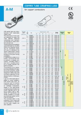 22
Hydraulic
Tools
A-M series lugs are manu-
factured from electrolytic
copper tube.
The dimensions of the tube
are designed to obtain the
most efficient electrical
conductivity and mechani-
cal strength to resist vibra-
tion and pull out.
Cembrelugsareannealedto
guarantee optimum ductility
which is an absolute neces-
sity for connectors which
will have to withstand the
severe deformation arising
when compressed and any
bending of the palm during
installation.
In applications subject to vi-
bration, terminals still have
to perform a reliable con-
nection, annealing plays a
vital role in avoiding crack-
ing or breaks between the
barrel and palm.
The presence of an inspec-
tion hole facilitates full inser-
tion of the conductor, whilst
the barrel length has been
designed to allow easy and
accurate positioning of the
dies during the crimping op-
eration.
Lugs are electrolytically tin-
plated to avoid oxidation.
A-M series lugs form an
important part of Cembre
crimping systems for pow-
er carrying conductors,
details of the appropriate
crimping tools and dies are
shown opposite and in de-
tail on pages 132 to 136,
whilst our technicians are
always available to provide
any technical advice which
may be required.
The enclosed table is only
indicative of the range and
many variations in stud fix-
ing and palm lengths are
also available.
COPPER TUBE CRIMPING LUGS
for copper conductors
3 A 03-M 3 1,8 6,0 4,5 3,5 16,0 3,2
3,5 A 03-M 3,5 1,8 6,5 4,5 3,5 16,0 3,7
4 A 03-M 4 1,8 6,5 5,0 4,0 17,0 4,3
5 A 03-M 5 1,8 7,5 5,5 4,5 18,0 5,3
6 A 03-M 6 1,8 9,0 6,0 5,0 19,0 6,4
3 A 06-M 3 2,4 6,0 4,5 3,5 17,0 3,2
3,5 A 06-M 3,5 2,4 6,5 4,5 3,5 17,0 3,7
4 A 06-M 4 2,4 7,5 5,0 4,0 18,0 4,3
5 A 06-M 5 2,4 8,5 5,5 4,5 19,0 5,3
6 A 06-M 6 2,4 9,0 6,0 5,0 20,0 6,4
8 A 06-M 8 2,4 12,0 9,0 8,0 26,0 8,4
3 A 1-M 3 3,6 7,5 4,5 3,5 20,5 3,2
3,5 A 1-M 3,5 3,6 7,5 4,5 3,5 20,5 3,7
4 A 1-M 4 3,6 8,0 5,0 4,0 21,5 4,3
5 A 1-M 5 3,6 9,0 6,5 6,0 25,0 5,3
6 A 1-M 6 3,6 11,0 7,0 6,0 25,5 6,4
8 A 1-M 8 3,6 14,0 9,0 8,0 29,5 8,4
10 A 1-M 10 3,6 16,5 11,0 10,0 33,5 10,5
4 A 2-M 4 4,6 10,0 5,0 4,0 22,5 4,3
5 A 2-M 5 4,6 10,0 6,5 6,0 26,0 5,3
6 A 2-M 6 4,6 11,0 7,0 6,0 26,5 6,4
8 A 2-M 8 4,6 15,0 9,0 8,0 30,5 8,4
10 A 2-M 10 4,6 18,0 11,0 10,0 34,5 10,5
12 A 2-M 12 4,6 19,0 14,0 12,0 39,5 13,2
4 A 3-M 4 5,8 11,5 5,0 4,0 25,5 4,3
5 A 3-M 5 5,8 11,5 6,5 6,0 29,0 5,3
6 A 3-M 6 5,8 11,5 7,0 6,0 29,5 6,4
8 A 3-M 8 5,8 15,0 9,0 8,0 33,5 8,4
10 A 3-M 10 5,8 18,0 11,0 10,0 37,5 10,5
12 A 3-M 12 5,8 20,0 14,0 12,0 42,5 13,2
4 A 5-M 4 7,0 14,0 5,0 4,0 28,0 4,3
5 A 5-M 5 7,0 14,0 6,5 6,0 31,5 5,3
6 A 5-M 6 7,0 14,0 7,0 6,0 32,0 6,4
8 A 5-M 8 7,0 15,0 9,0 8,0 36,0 8,4
10 A 5-M 10 7,0 18,0 11,0 10,0 40,0 10,5
12 A 5-M 12 7,0 21,0 14,0 12,0 45,0 13,2
5 A 7-M 5 8,9 17,0 6,5 6,0 34,0 5,3
6 A 7-M 6 8,9 17,0 7,0 6,0 34,5 6,4
8 A 7-M 8 8,9 17,0 9,0 8,0 38,5 8,4
10 A 7-M 10 8,9 19,0 11,0 10,0 42,5 10,5
12 A 7-M 12 8,9 21,0 14,0 12,0 47,5 13,2
6 A 10-M 6 10,0 19,0 8,0 7,0 40,5 6,4
8 A 10-M 8 10,0 19,0 9,0 8,0 42,5 8,4
10 A 10-M 10 10,0 20,0 11,0 10,0 46,5 10,5
12 A 10-M 12 10,0 21,0 14,0 12,0 51,5 13,2
14 A 10-M 14 10,0 25,0 16,0 14,0 55,5 15,0
16 A 10-M 16 10,0 26,0 18,0 16,0 59,5 17,0
6 A 14-M 6 11,3 21,0 8,0 7,0 44,0 6,4
8 A 14-M 8 11,3 21,0 9,0 8,0 46,0 8,4
10 A 14-M 10 11,3 21,0 11,0 10,0 50,0 10,5
12 A 14-M 12 11,3 22,0 14,0 12,0 55,0 13,2
14 A 14-M 14 11,3 25,0 16,0 14,0 59,0 15,0
16 A 14-M 16 11,3 26,0 18,0 16,0 63,0 17,0
5.000/100
5.000/100
5.000/100
5.000/100
5.000/100
4.000/100
4.000/100
4.000/100
4.000/100
4.000/100
2.500/100
2.000/100
2.000/100
2.000/100
2.000/100
2.000/100
1.500/100
1.000/100
1.500/100
1.500/100
1.500/100
1.000/100
1.000/100
1.000/100
1.000/100
1.000/100
1.000/100
500/100
500/100
500/100
1.000/100
500/100
500/100
500/100
500/100
500/100
500/100
500/100
400/100
400/100
300/50
200/50
200/50
200/50
200/50
200/50
200/50
200/50
200/50
200/50
150/50
100/50
100/50
Ø
Stud
mm
Quantity
Box/Bag
Mechanical
Tools
Øi B M N L d
D i m e n s i o n s m m
Ref.
0,25÷1,5
1,5÷2,5
4÷6
10
16
25
25
35
35
35
50
50
50
70
70
HT45-E
HT51RH50B51
HT81-URHU81
HT120andtoolsandheadswith130kNcrimpingforce
ECW-H3D
RHU520
HN1
HN5
TN70SE
TN120SE
Cond. Size
sqmm
flexible*
low
stranded
A-M series lugs are manu-
factured from electrolytic
copper tube.
The dimensions of the tube
are designed to obtain the
most efficient electrical
conductivity and mechani-
cal strength to resist vibra-
tion and pull out.
Cembrelugsareannealedto
guarantee optimum ductility
which is an absolute neces-
sity for connectors which
will have to withstand the
severe deformation arising
when compressed and any
COPPER TUBE CRIMPING LUGS
for copper conductors
3 A 03-M 3 1,8 6,0 4,5 3,5 16,0 3,2
3,5 A 03-M 3,5 1,8 6,5 4,5 3,5 16,0 3,7
4 A 03-M 4 1,8 6,5 5,0 4,0 17,0 4,3
5 A 03-M 5 1,8 7,5 5,5 4,5 18,0 5,3
6 A 03-M 6 1,8 9,0 6,0 5,0 19,0 6,4
3 A 06-M 3 2,4 6,0 4,5 3,5 17,0 3,2
3,5 A 06-M 3,5 2,4 6,5 4,5 3,5 17,0 3,7
4 A 06-M 4 2,4 7,5 5,0 4,0 18,0 4,3
5 A 06-M 5 2,4 8,5 5,5 4,5 19,0 5,3
6 A 06-M 6 2,4 9,0 6,0 5,0 20,0 6,4
8 A 06-M 8 2,4 12,0 9,0 8,0 26,0 8,4
3 A 1-M 3 3,6 7,5 4,5 3,5 20,5 3,2
3,5 A 1-M 3,5 3,6 7,5 4,5 3,5 20,5 3,7
4 A 1-M 4 3,6 8,0 5,0 4,0 21,5 4,3
Ø
Stud
mm Øi B M N
D i m e n s i o n s m m
Ref.
0,25÷1,5 40,25÷1,5 4
1,5÷2,5
4
1,5÷2,5
4
5
1,5÷2,5
5
Cond. Size
sqmm
flexible*
low
stranded
A-M
B15
 