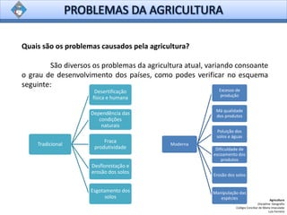 Quais são os problemas causados pela agricultura?
São diversos os problemas da agricultura atual, variando consoante
o grau de desenvolvimento dos países, como podes verificar no esquema
seguinte:
Agricultura
Disciplina: Geografia
Colégio Conciliar de Maria Imaculada
Luís Ferreira
Tradicional
Desertificação
física e humana
Dependência das
condições
naturais
Fraca
produtividade
Desflorestação e
erosão dos solos
Esgotamento dos
solos
Moderna
Excesso de
produção
Má qualidade
dos produtos
Poluição dos
solos e águas
Dificuldade de
escoamento dos
produtos
Erosão dos solos
Manipulação das
espécies
 