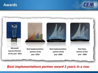 AwardsMicrosoft Country Partner of the year 2010Best Implementation partner of the year -2009Best Sales Partner of the year - 2009Best Implementation partner of the year -2010Best implementations partner award 2 years in a row.
