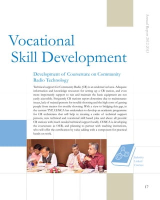 Annual Report 2012-2013

Vocational
Skill Development
Development of Courseware on Community
Radio Technology
Technical support for Community Radio (CR) is an underserved area. Adequate
information and knowledge resources for setting up a CR station, and even
more importantly support to run and maintain the basic equipment are not
easily accessible. Frequently CR stations report downtime due to maintenance
issues, lack of trained persons for trouble shooting and the high costs of getting
people from metros for trouble shooting. With a view to bridging this gap, in
the current TYP, CEMCA has undertaken to develop an academic programme
for CR technicians that will help in creating a cadre of technical support
persons, new technical and vocational skill based jobs and above all provide
CR stations with much needed technical support locally. CEMCA is developing
the courseware as OER, and planning to partner with teaching institutions,
who will offer the certification by value adding with a component for practical
hands-on work.

17

 