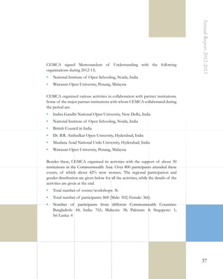 Annual Report 2012-2013

CEMCA signed Memorandum of Understanding with the following
organisations during 2012-13;
•	 National Institute of Open Schooling, Noida, India
•	 Wawasan Open University, Penang, Malaysia
CEMCA organised various activities in collaboration with partner institutions.
Some of the major partner institutions with whom CEMCA collaborated during
the period are:
•	 Indira Gandhi National Open University, New Delhi, India
•	 National Institute of Open Schooling, Noida, India
•	 British Council in India
•	 Dr. B.R. Ambedkar Open University, Hyderabad, India
•	 Maulana Azad National Urdu University, Hyderabad, India
•	 Wawasan Open University, Penang, Malaysia
Besides these, CEMCA organised its activities with the support of about 30
institutions in the Commonwealth Asia. Over 800 participants attended these
events, of which about 42% were women. The regional participation and
gender distribution are given below for all the activities, while the details of the
activities are given at the end.
•	 Total number of events/workshops: 36
•	 Total number of participants: 868 (Male: 502; Female: 366)
•	 Number of participants from different Commonwealth Countries:
Bangladesh: 44; India: 765; Malaysia: 38; Pakistan: 4; Singapore: 1;
Sri Lanka: 4

37

 