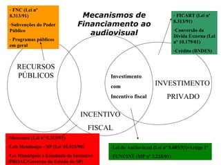 - FNC (Lei nº
8.313/91)                        Mecanismos de                           - FICART (Lei nº
                                                                         8.313/91)
-Subvenções do Poder            Financiamento ao
Público                                                                  -Conversão da
                                   audiovisual                           Dívida Externa (Lei
- Programas públicos
                                                                         nº 10.179/01)
em geral
                                                                         -Crédito (BNDES)


    RECURSOS
    PÚBLICOS                               Investimento
                                           com                  INVESTIMENTO
                                           Incentivo fiscal           PRIVADO

                                  INCENTIVO
                                      FISCAL
-Mecenato (Lei nº 8.313/91)
-Leis Mendonça – SP (Lei 10.923/90)        -Lei do Audiovisual (Lei nº 8.685/93)-Artigo 1º
-Lei Municipais e Estaduais de Incentivo   -FUNCINE (MP nº 2.228/01)
(PROAC/Governo do Estado de SP)
 