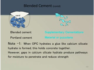 104
sand
pc
pcpc
pc
pc
pc
pc
pc
scm
Portland cement
Supplementary Cementations
Material or puzzolana
Blended cement
Note -1: When OPC hydrates a glue like calcium silicate
hydrate is formed, this holds concrete together.
However, gaps in calcium silicate hydrate produce pathways
for moisture to penetrate and reduce strength
Blended Cement (contd)
 