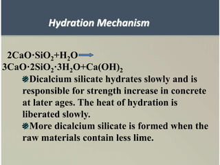 Dicalcium silicate hydrates slowly and is
responsible for strength increase in concrete
at later ages. The heat of hydration is
liberated slowly.
More dicalcium silicate is formed when the
raw materials contain less lime.
2CaO·SiO2+H2O
3CaO·2SiO2·3H2O+Ca(OH)2
Hydration Mechanism
 