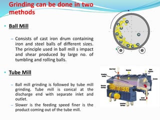 Grinding can be done in two
methods
• Ball Mill
– Consists of cast iron drum containing
iron and steel balls of different sizes.
The principle used in ball mill s impact
and shear produced by large no. of
tumbling and rolling balls.
• Tube Mill
– Ball mill grinding is followed by tube mill
grinding. Tube mill is conical at the
discharge end with separate inlet and
outlet.
– Slower is the feeding speed finer is the
product coming out of the tube mill.
 