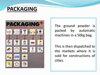 PACKAGING
The ground powder is
packed by automatic
machines in a 50kg bag.
This is then dispatched to
the markets where it is
sold for constructions of
cities.
 