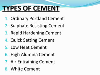TYPES OF CEMENT
1. Ordinary Portland Cement
2. Sulphate Resisting Cement
3. Rapid Hardening Cement
4. Quick Setting Cement
5. Low Heat Cement
6. High Alumina Cement
7. Air Entraining Cement
8. White Cement
 