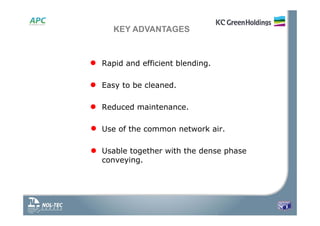 KEY ADVANTAGES
• Rapid and efficient blending.
• Easy to be cleaned.
• Reduced maintenance.
• Use of the common network air.
• Usable together with the dense phase
conveying.
 