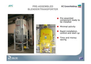 PRE-ASSEMBLED
BLENDER/TRANSPORTER
• Pre-assemled
component ready to
be installed
• Minimal activity
• Rapid installation,
control and start up
• Time and money
saving
 