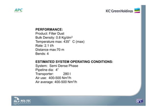 PERFORMANCE:
Product: Filter Dust
Bulk Density: 0.8 Kg/dm3
Temperature max: 435°C (max)
Rate: 2.1 t/h
Distance max:70 m
Bends: 4
ESTIMATED SYSTEM OPERATING CONDITIONS:
System: Semi Dense Phase
Pipeline dia: 4”
Transporter: 280 l
Air use: 400-500 Nm3/h
Air average: 400-500 Nm3/h
 