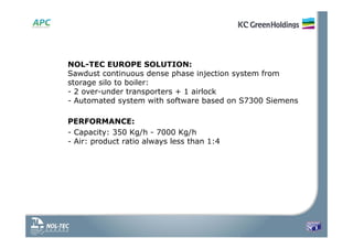 NOL-TEC EUROPE SOLUTION:
Sawdust continuous dense phase injection system from
storage silo to boiler:
- 2 over-under transporters + 1 airlock
- Automated system with software based on S7300 Siemens
PERFORMANCE:
- Capacity: 350 Kg/h - 7000 Kg/h
- Air: product ratio always less than 1:4
 