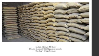 Indian Storage Method
Density of cement=1440 kg per metre cube
One bag = 50 kg of cement
 