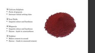  Calcium Sulphate
 Form of gypsum
 Increase initial setting time
 Iron Oxide
 Imparts colour and hardness
 Magnesia
 Imparts colour and hardness
 Excess - leads to unsoundness
 Sulphur
 Makes cement to sound
 Excess – leads to unsound cement
 