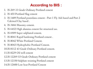 1. IS 269 33 Grade Ordinary Portland cement
2. IS 455 Portland Slag cement
3. IS 1489 Portland pozzolana cement - Part 1 Fly Ash based and Part 2
Calcined Clay based .
4. IS 3466 Masonry cement.
5. IS 6452 High alumina cement for structural use.
6. IS 6909 Super sulphated cement.
7. IS 8041 Rapid hardening Portland cement .
8. IS 8042 White Portland Cement.
9. IS 8043 Hydrophobic Portland Cement.
10.IS 8112 43 Grade Ordinary Portland cement.
11.IS 8229 Oil well cement
12.IS 12269 53 Grade Ordinary Portland cement
13.IS 12330 Sulphate resisting Portland cement
14.IS 12600 Low heat Portland Cement
According to BIS :
 
