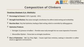 Composition of Clinkers
Tricalcium Aluminate (C A - 3CaO·Al O )
₃ ₂ ₃
 Percentage in Cement: 5-12% (typically ~10%)
 Strength Contribution: Has minor strength contribution but affects initial setting and workability.
 Reaction Rate: Very fast hydration, leading to flash setting, which is controlled by adding gypsum.
 Hydration Products:
o Ettringite (in presence of sulfate) – Provides some early strength but can cause expansion if excessive.
o Monosulfate Hydrate – Forms later as ettringite transforms.
 Heat of Hydration: ~865 J/g (Very High) – Causes rapid heat evolution, making it vulnerable to sulfate
attack in aggressive environments.
 