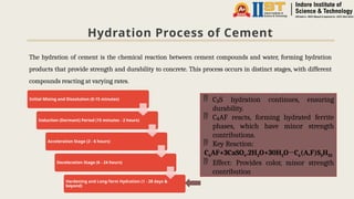Hydration Process of Cement
The hydration of cement is the chemical reaction between cement compounds and water, forming hydration
products that provide strength and durability to concrete. This process occurs in distinct stages, with different
compounds reacting at varying rates.
Initial Mixing and Dissolution (0-15 minutes)
Induction (Dormant) Period (15 minutes - 2 hours)
Acceleration Stage (2 - 6 hours)
Deceleration Stage (6 - 24 hours)
Hardening and Long-Term Hydration (1 - 28 days &
beyond)
 C S hydration continues, ensuring
₂
durability.
 C AF reacts, forming hydrated ferrite
₄
phases, which have minor strength
contributions.
 Key Reaction:
C4AF+3CaSO4.2H2O+30H2O→C6(A,F)S3H32
 Effect: Provides color, minor strength
contribution
 