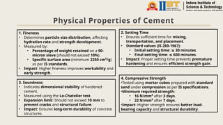 Physical Properties of Cement
1. Fineness
• Determines particle size distribution, affecting
hydration rate and strength development.
• Measured by:
• Percentage of weight retained on a 90-
micron sieve (should not exceed 10%).
• Specific surface area (minimum 2250 cm²/g)
as per IS standards.
• Impact: Higher fineness improves workability and
early strength.
2. Setting Time
• Ensures sufficient time for mixing,
transportation, and placement.
• Standard values (IS 269-1967):
• Initial setting time: 30 minutes
≥ .
• Final setting time: 600 minutes
≤ .
• Impact: Proper setting time prevents premature
hardening and ensures efficient strength gain.
3. Soundness
• Indicates dimensional stability of hardened
cement.
• Measured using the Le-Chatelier test.
• Expansion limit: Should not exceed 10 mm to
prevent cracks and structural failure.
• Impact: Ensures long-term durability of concrete
structures.
4. Compressive Strength
•Tested using mortar cubes prepared with standard
sand under compression as per IS specifications.
•Minimum required strength:
• 16 N/mm² after 3 days.
• 22 N/mm² after 7 days.
•Impact: Higher strength ensures better load-
bearing capacity and structural durability.
 