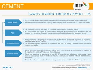 1717APRIL 2017 For updated information, please visit www.ibef.org
ACC
• The subsidiary of Holcim, has plans for a USD500 million capacity expansion in India
• ACC will upgrade and expand its Jamul unit in Chattisgarh & its grinding unit in Jharkhand. This will
increase ACC’s capacity to 38 mtpa from 30 mtpa in a phased manner by 2016 & 55 mtpa in 2020
Ambuja Cements
• Ambuja Cements is targeting an investment of USD580 million for capacity expansion in Rajasthan,
Madhya Pradesh & Uttar Pradesh
• The proposed project in Rajasthan is expected to add 5 MT to Ambuja Cements’ existing production
capacity of 28.5 mtpa
Dalmia Cement
• Dalmia Cement is planning an investment of USD 333.3 million to ramp up its manufacturing capacity to
21 mtpa from the existing 17 mtpa over the next 2 years.
• Dalmia has started up its operation at its new 2.5 MT greenfield unit at Belgaum in Karnataka. It also
plans to scale up its 2 plants in North-East India for a total value of USD239 million & USD9.2 million,
respectively
• Dalmia Cement Ltd. became the 1st cement company in India to commit itself to 100% renewable power
Source: TechSci Research
Note: mtpa – million tonnes per annum; MT – Million Tonnes
CAPACITY EXPANSION PLANS BY KEY PLAYERS ... (1/2)
CEMENT
Shree Cement
• In 2016, Shree Cement announced to spend around USD0.9 billion to establish 3 new clinker plants.
• With the expansion, the production capacity of the company would increase from 23.6 mtpa to 33.6 mtpa
 