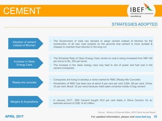 2222APRIL 2017 For updated information, please visit www.ibef.org
STRATEGIES ADOPTED
CEMENT
Source: Ministry of External Affairs, HDFC Bank Annual Report
• The Government of India has decided to adopt cement instead of bitumen for the
construction of all new road projects on the grounds that cement is more durable &
cheaper to maintain than bitumen in the long run
• The Schedule Rate of Clean Energy Cess, levied on coal is being increased from INR 100
per tonne to Rs. 300 per tonne
• The increase in the clean energy cess may lead to rise of power and fuel cost in the
cement companies
• Companies are trying to develop a niche market for RMC (Ready Mix Concrete)
• Penetration of RMC has been low at about 8 per cent per cent (USA: 88 per cent; China:
33 per cent; Brazil: 32 per cent) because retail sales comprise mostly of bag cement
Adoption of cement
instead of Bitumen
Increase in Clean
Energy Cess
Ready-mix concrete
• In January 2017, JSW Cement bought 35.6 per cent stake in Shiva Cement, for an
estimate amount of US$ 14.42 million.
Mergers & Acquisitions
 