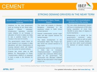 2525APRIL 2017
STRONG DEMAND DRIVERS IN THE NEAR TERM
For updated information, please visit www.ibef.org
Source: McKinsey Quarterly Report, TechSci Research, Ministry of External Affairs (Investment and Technology Promotion Division)
CEMENT
Government Initiatives towards New
Schemes
Development in Metro, Roads,
Airports
• Initiatives by the new government
such as housing for all, smart cities,
Swachh Bharat campaign,
infrastructure spending, concrete
roads initiative & an increase in
allocation of funds to states are likely
to see a positive impact on the
industry in the next 3-6 months.
• The government’s recent focus on
road projects & an increase in state
allocations will drive infrastructure &
housing demand which will indeed
drive the market for cement industry
• Projects like smart cities & Atal
Mission for Rejuvenation & Urban
Transformation (AMRUT) is expected
to lead a surge in the demand for
cement.
• The metro rail projects in Mumbai,
Bangalore, Hyderabad & the
expansion phase in Delhi drives
cement demand
• Airports modernisation across major
cities will also expand demand for
cement industry
• The latest development in the
Ahmedabad Metro Rail Project has
also driven the cement demand to a
large extent.
• Construction sector is in the full boom
in India due to increasing
infrastructure-based developments
coupled with continuous efforts being
taken by the government. The
government has allocated US$9.65
billion for the road sector in the budget
of 2017-18
Urbanisation and industrialisation
development in the country
• The new urban development mission
will focus on development of 500 cities
having population of more than
100,000 & some cities of religious &
tourist importance.
• Infrastructure is a priority for the
government’s economic policy;
funding from private as well as public
sectors is set to increase sharply in
the near term which would anticipate
the demand of cement industry in
India.
 