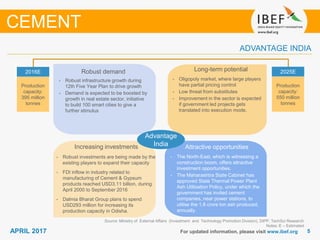 55APRIL 2017
Growing demand
For updated information, please visit www.ibef.org
ADVANTAGE INDIA
Source: Ministry of External Affairs (Investment and Technology Promotion Division), DIPP, TechSci Research
Notes: E – Estimated
2016E
Production
capacity:
395 million
tonnes
2025E
Production
capacity:
550 million
tonnes
Advantage
India
CEMENT
Robust demand
• Robust infrastructure growth during
12th Five Year Plan to drive growth
• Demand is expected to be boosted by
growth in real estate sector, initiative
to build 100 smart cities to give a
further stimulus
Increasing investments
• Robust investments are being made by the
existing players to expand their capacity
• FDI inflow in industry related to
manufacturing of Cement & Gypsum
products reached USD3.11 billion, during
April 2000 to September 2016
• Dalmia Bharat Group plans to spend
USD293 million for increasing its
production capacity in Odisha.
Long-term potential
• Oligopoly market, where large players
have partial pricing control
• Low threat from substitutes
• Improvement in the sector is expected
if government led projects gets
translated into execution mode.
Attractive opportunities
• The North-East, which is witnessing a
construction boom, offers attractive
investment opportunities.
• The Maharashtra State Cabinet has
approved State Thermal Power Plant
Ash Utilisation Policy, under which the
government has invited cement
companies, near power stations, to
utilise the 1.8 crore ton ash produced,
annually.
 